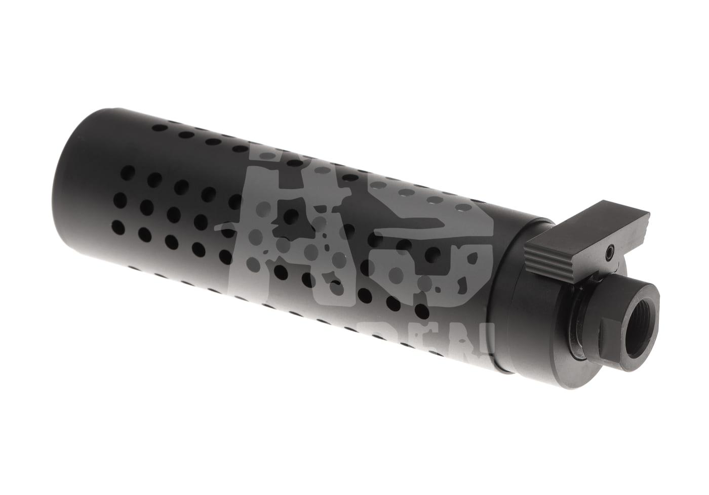 Airsoft Schalldämpfer, schwarz, zylindrisch, mit Reihen von Öffnungen und einer Montagevorrichtung.