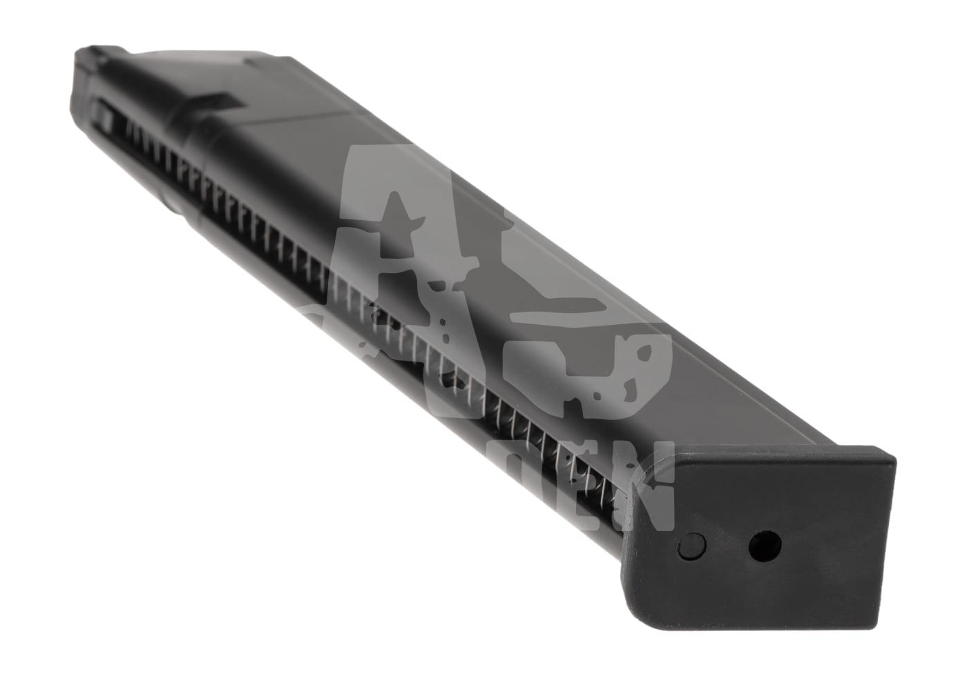 Schwarzes Airsoft-Magazin mit seitlichem transparentem Einblick zur Kugelanzeige.