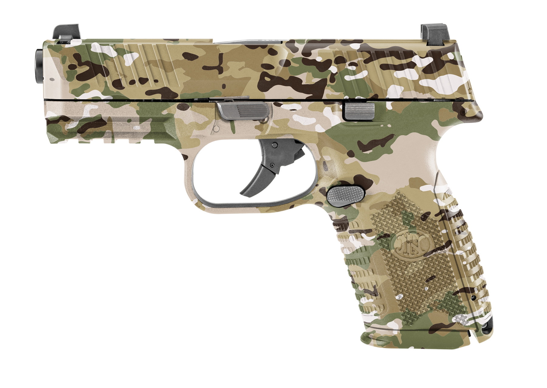 Airsoft-Pistole mit Tarnmuster, Seitenansicht, kompakte Bauweise, ideal für taktische Spiele.