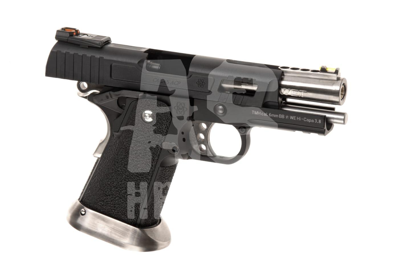 Schwarze Airsoft-Pistole WE Hi-Capa 3.8, Kaliber 6mm, mit strukturiertem Griff und silbernem Lauf.