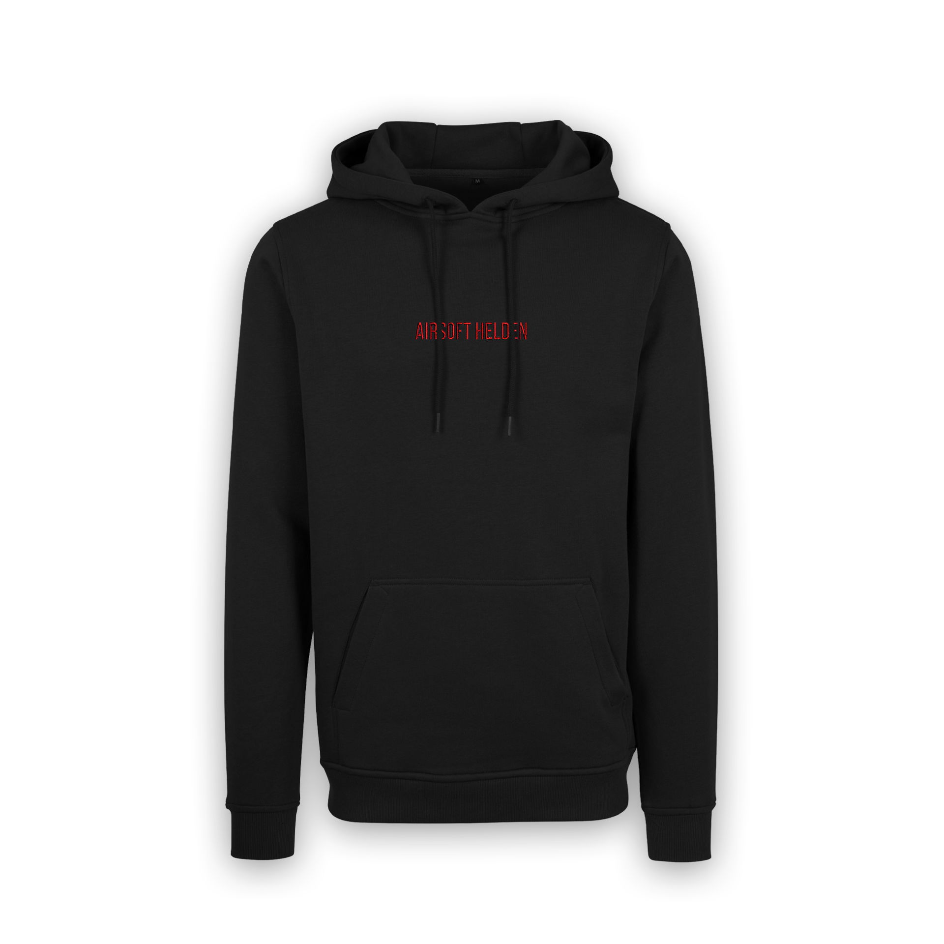 Schwarzer Hoodie mit rotem "Airsoft Helden"-Schriftzug, Kapuze und Kängurutasche.