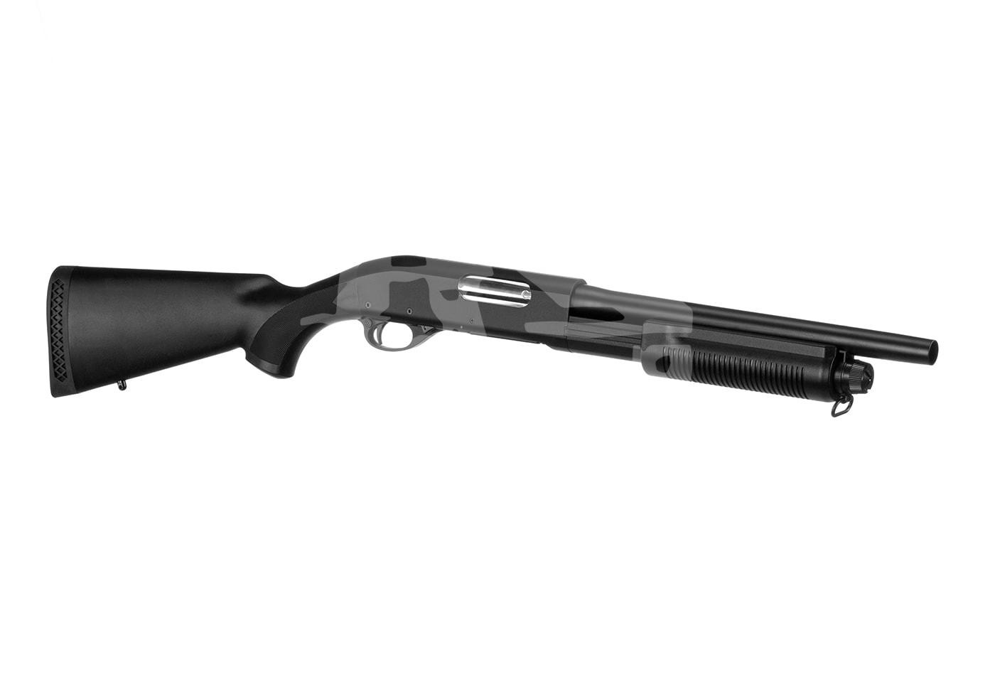 Cyma CM350 Shotgun - ab 18 Jahren Schwarze Airsoft-Pumpgun mit kurzem Lauf und taktischer Schulterstütze, seitliche Ansicht.