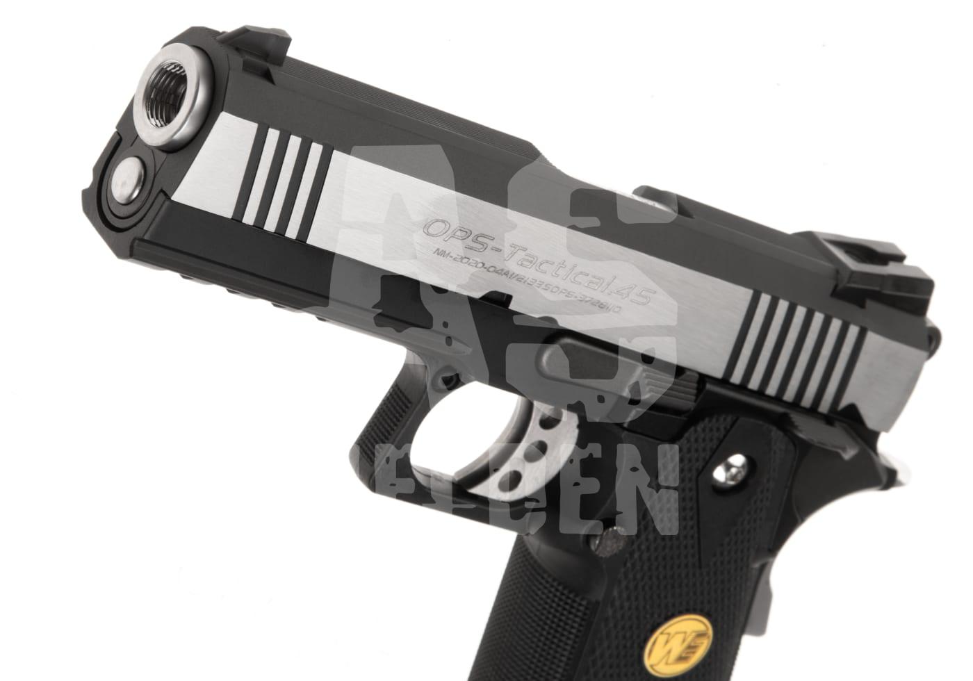 Airsoft-Pistole OPS-Tactical .45, schwarz-silbern mit strukturiertem Griff.