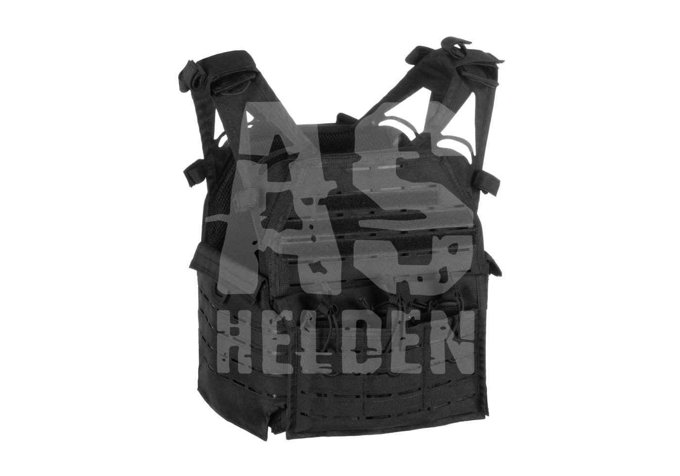 Schwarzer Airsoft-Plattenträger mit Lasercut-MOLLE-System und verstellbaren Schulterriemen.