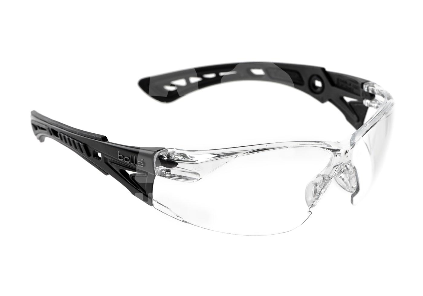 Klare Schutzbrille mit schwarzen Bügeln, ideal für Airsoft.