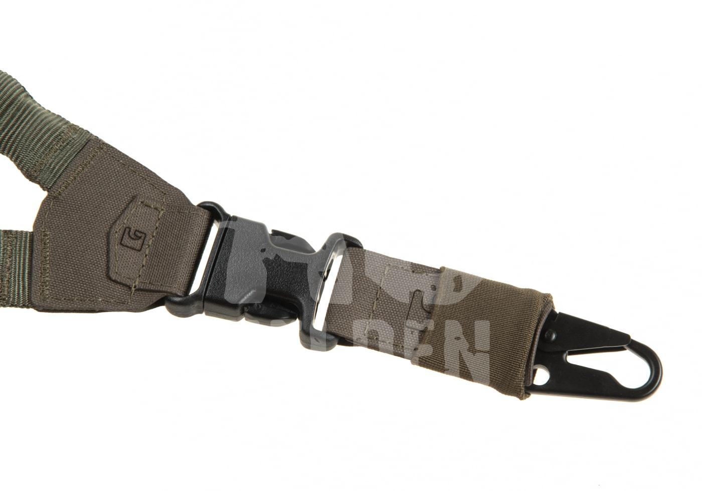 Olivegrüner Airsoft-Gewehrriemen mit Kunststoffschnalle und Metallhaken.
