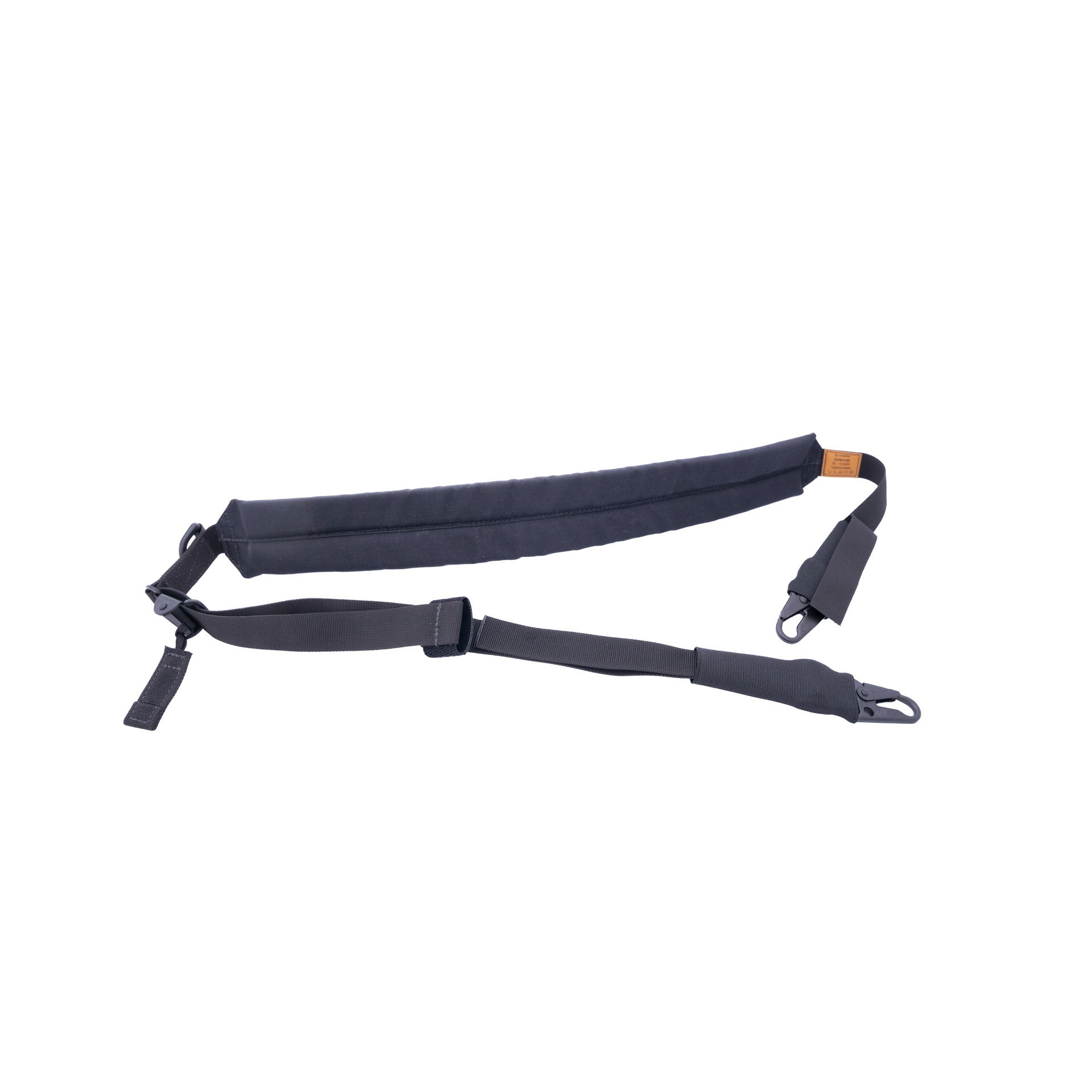 Schwarzer, verstellbarer Airsoft-Gewehrriemen mit zwei Clips.