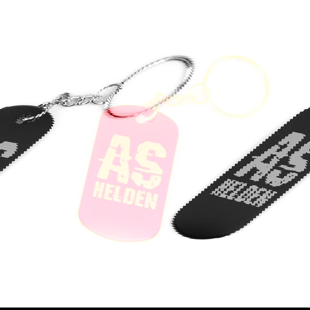 Dark Emergency - Dog Tag (Rot) Roter Schlüsselanhänger mit "AS HELDEN"-Aufdruck, silberne Kette und Ring.