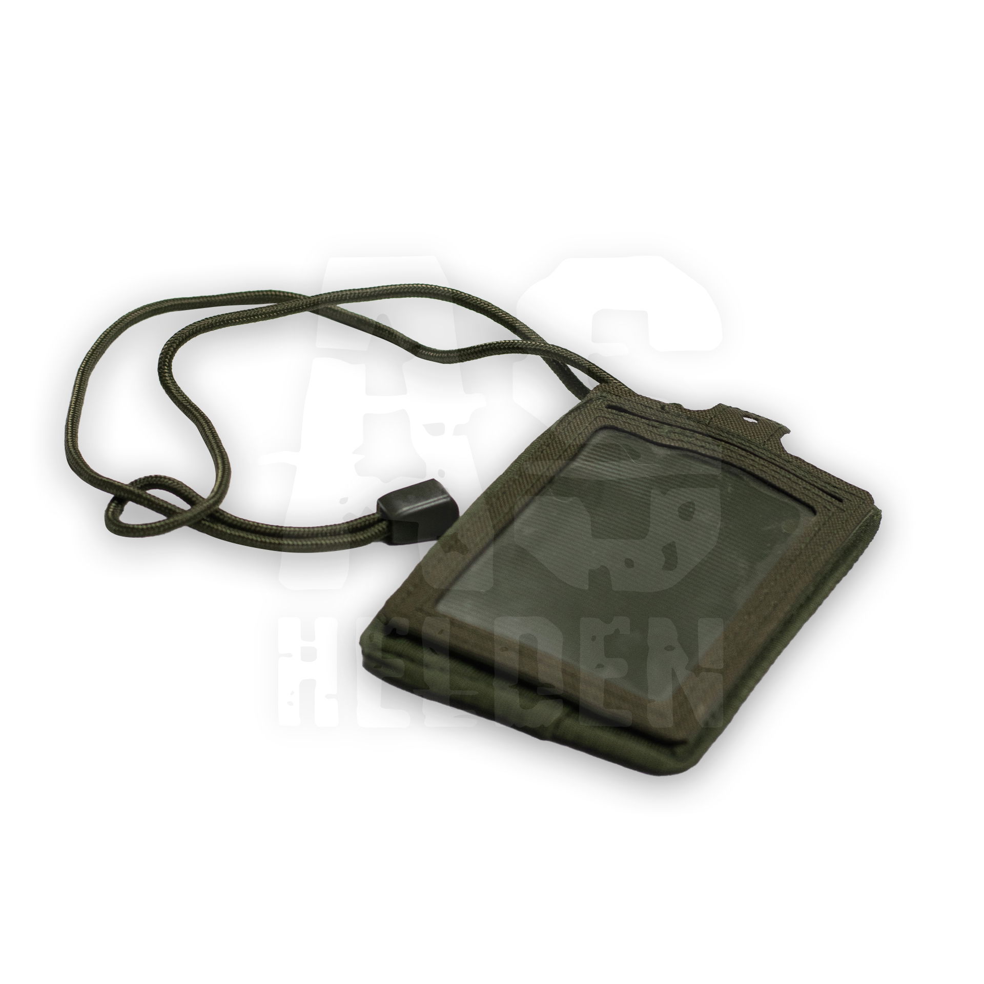 Taktisches Nackenetui in Oliv mit transparentem ID-Fach und verstellbarem Band für Airsoft-Einsätze.