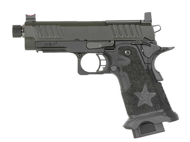 Airsoft-Pistole mit strukturiertem Griff, schwarzem Schlitten und Stern-Emblem auf dem Griff.