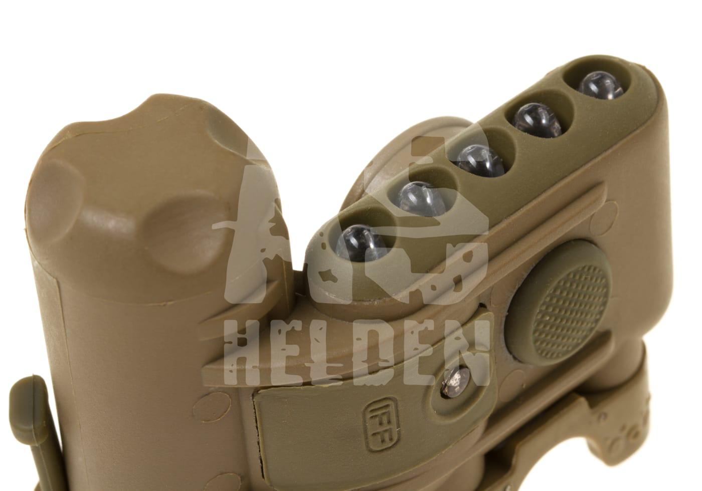 Gen II Helmet Light Taktisches Helmlicht in Olivgrün mit mehreren LEDs und Befestigungsclip.