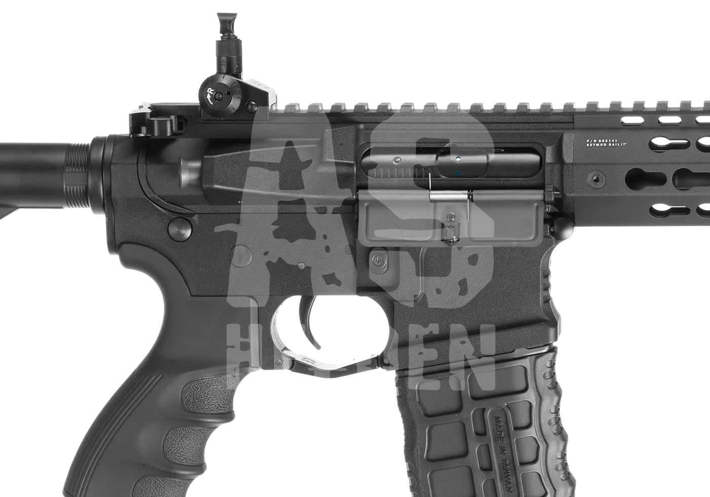 Airsoft-Gewehrgriff und Abzugsbereich, schwarz, Detailansicht.