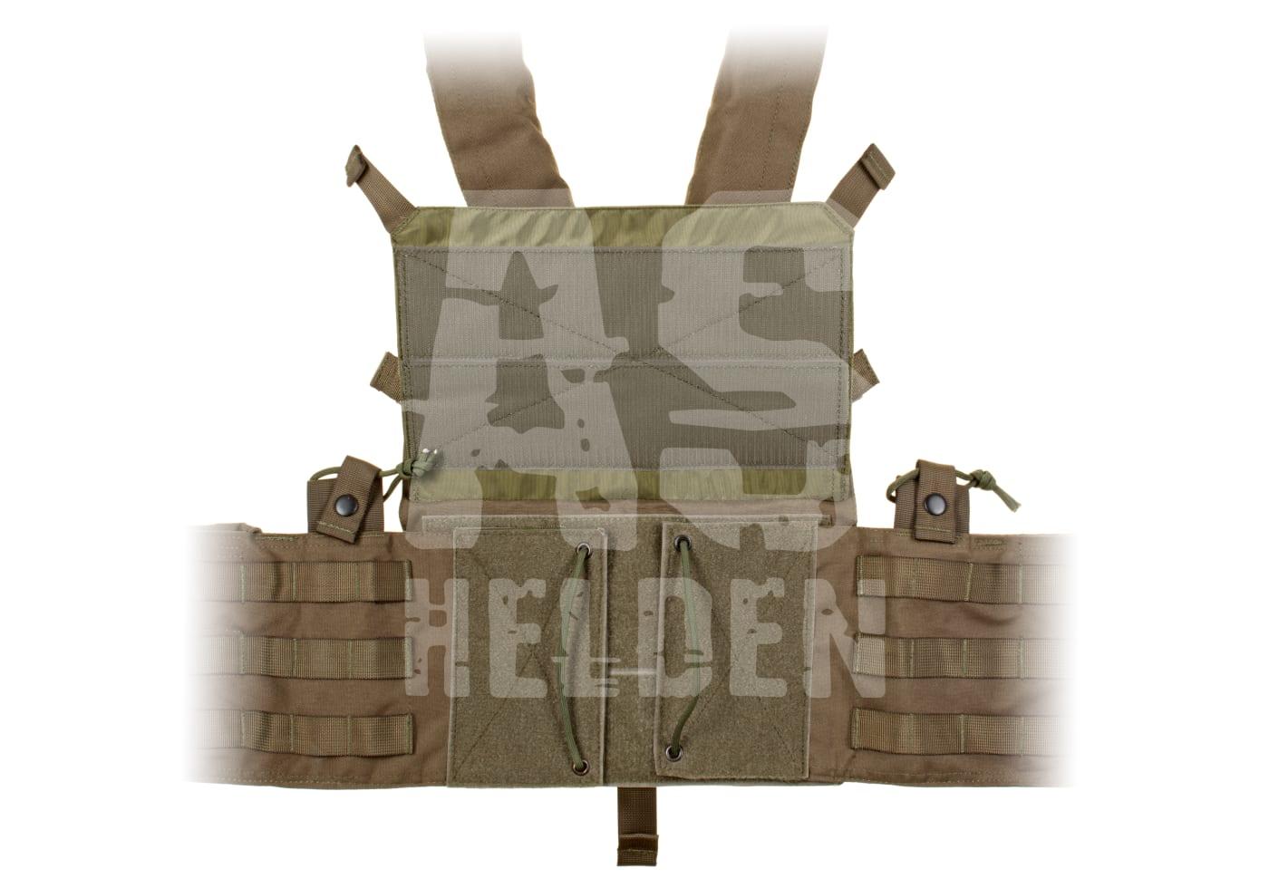 Taktische Weste in Coyote-Farbe mit Molle-System, geeignet für Airsoft-Ausrüstung.