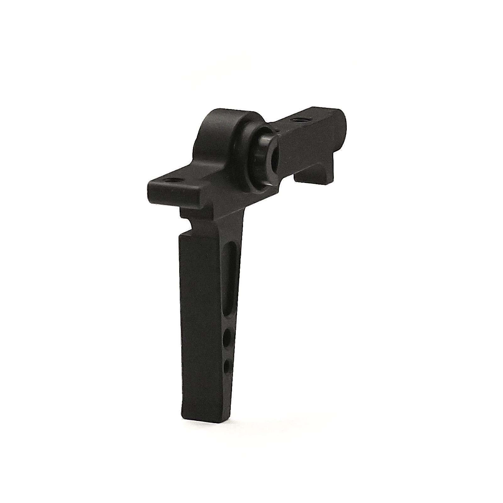 Schwarzer Airsoft-Abzug aus Metall mit detaillierter Struktur und Befestigungspunkt.