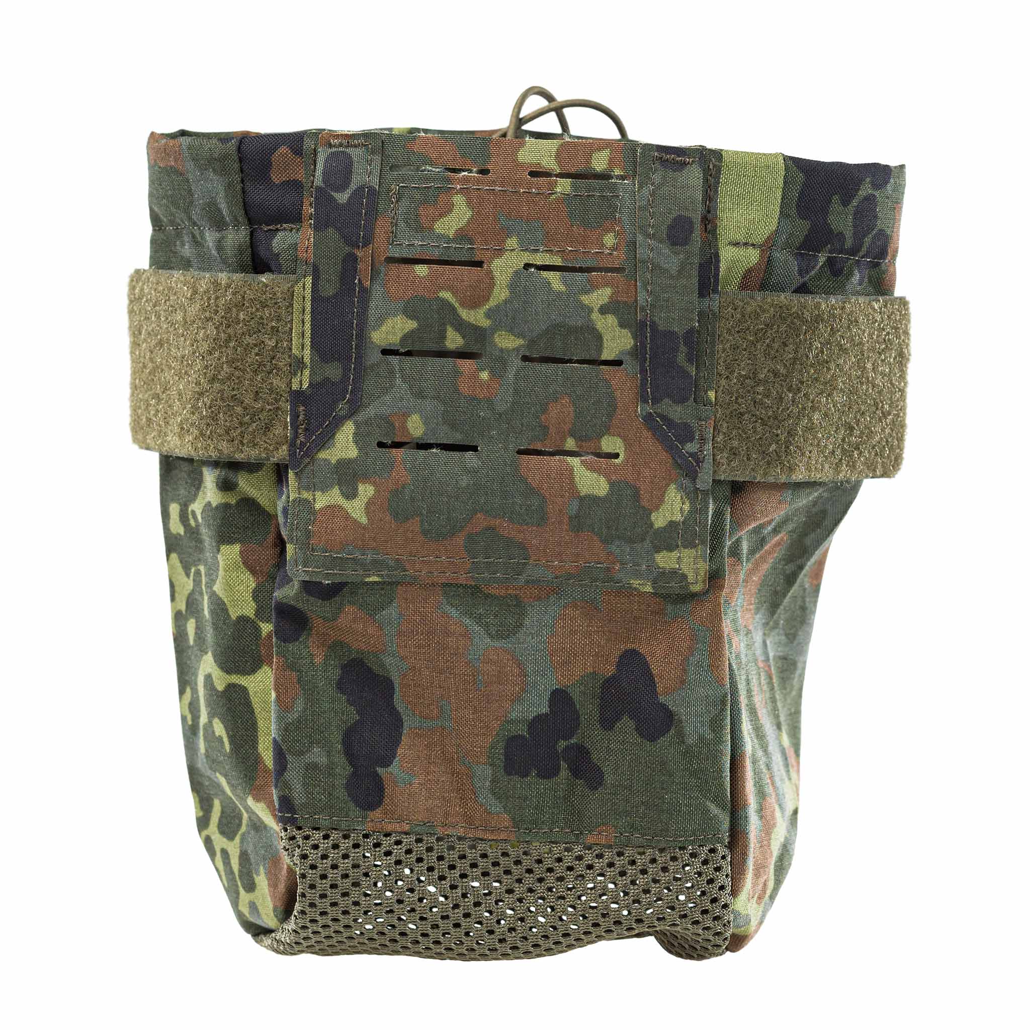 Tarnfarbene Molle-Dump Pouch für Airsoft-Magazine, robuste Klettverschlüsse, Netzboden für Schmutz- und Wasserabfluss.