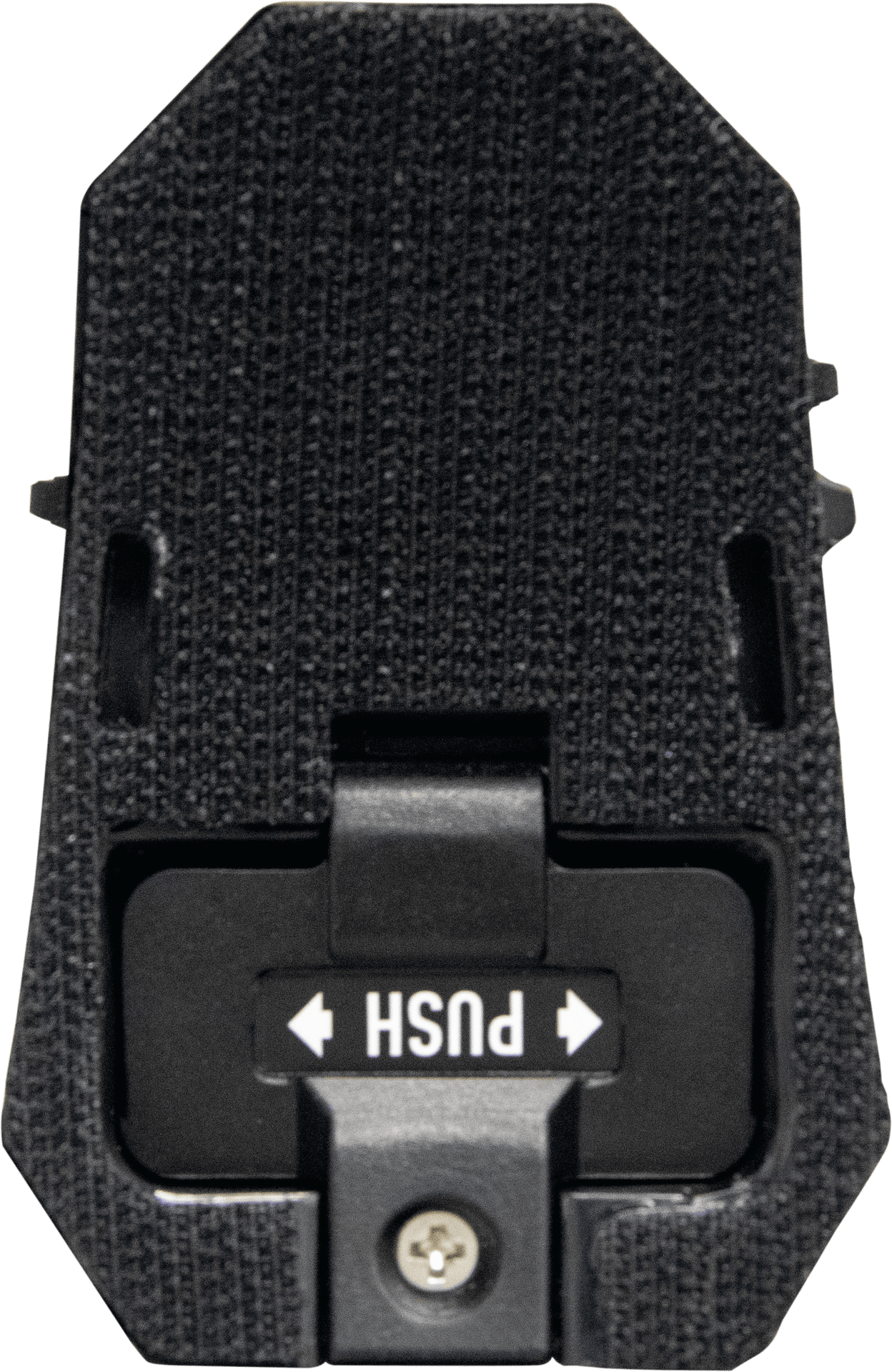 Holster-Rückseite, schwarzes Material, mit "PUSH"-Mechanismus und Schraube zur Befestigung; Airsoft-Zubehör.