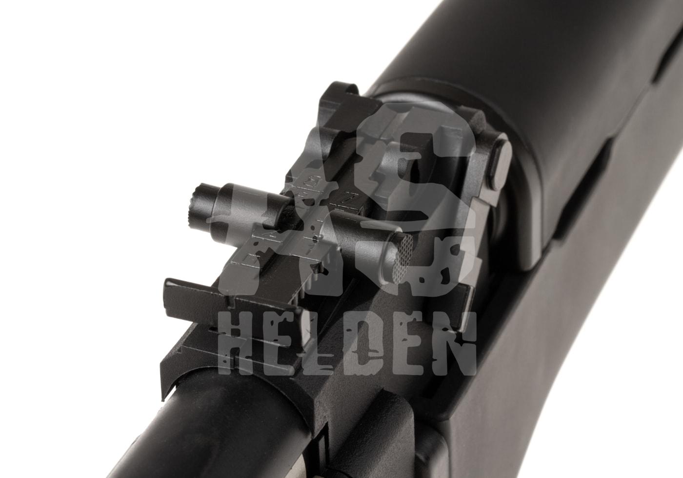 G&G CM47 ETU 0.5J - ab 16 Jahren Nahaufnahme eines schwarzen Visiers einer Airsoft-Waffe, seitlich angebracht.