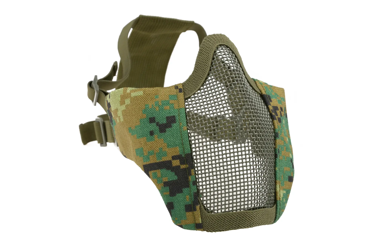 Gittermaske in Tarnmuster für Airsoft mit verstellbaren Riemen. Ideal zum Gesichtsschutz im Spiel.