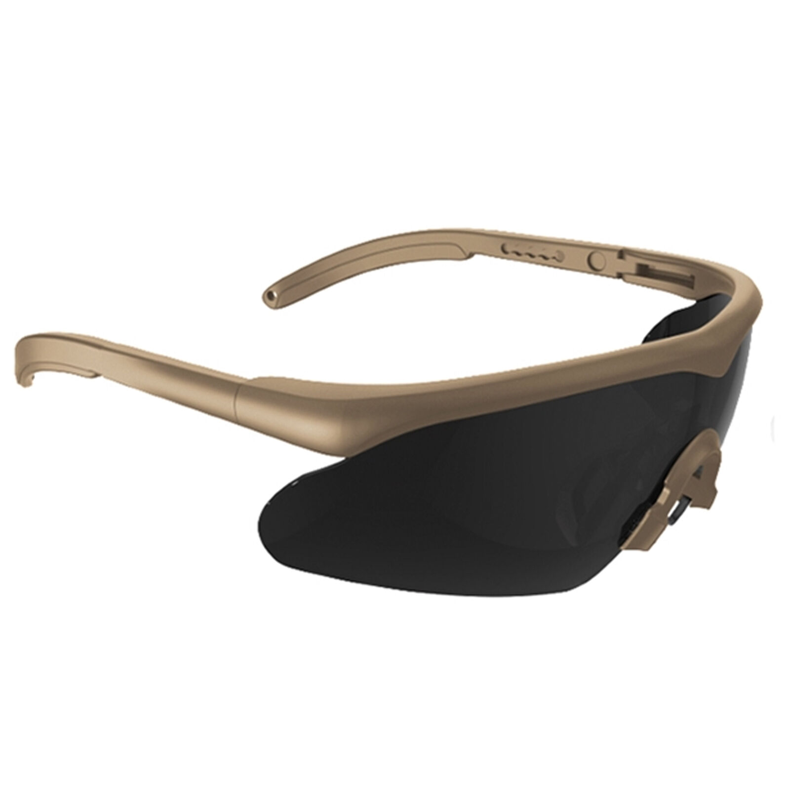 Taktische Schutzbrille mit braunem Gestell und dunklen Gläsern, ideal für Airsoft-Einsätze.