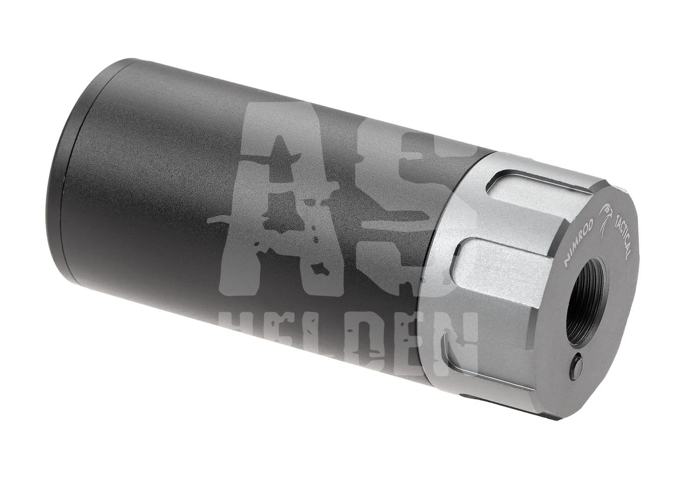 Schwarzer Airsoft-Schalldämpfer mit silbernem Gewindeaufsatz, markiert mit "Nimrod Tactical".