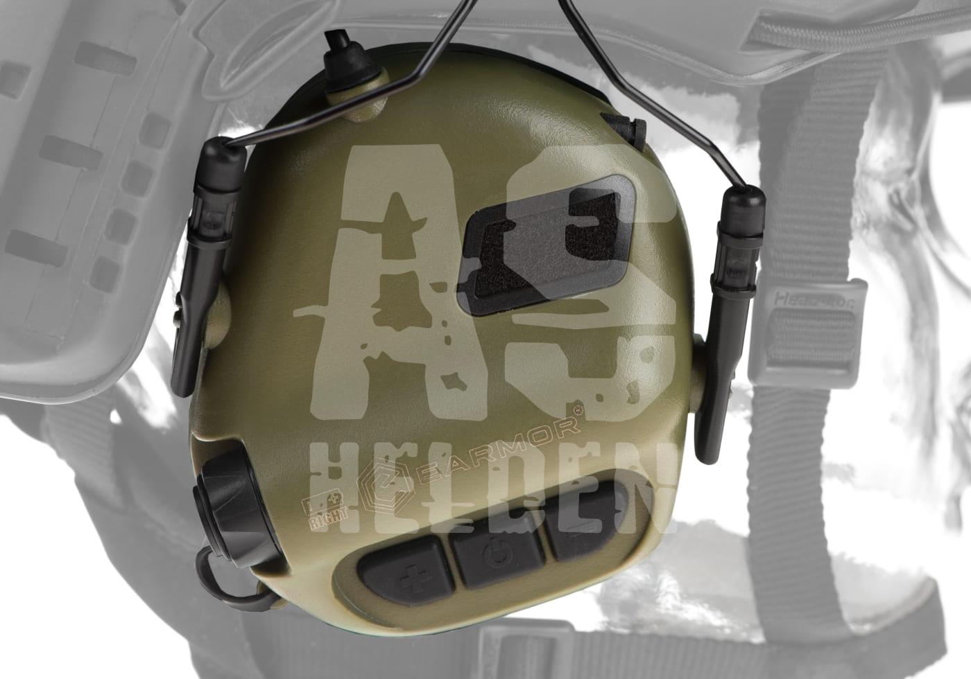 Taktischer grüner Gehörschutz mit Mikrofon und Bedienelementen für Airsoft.