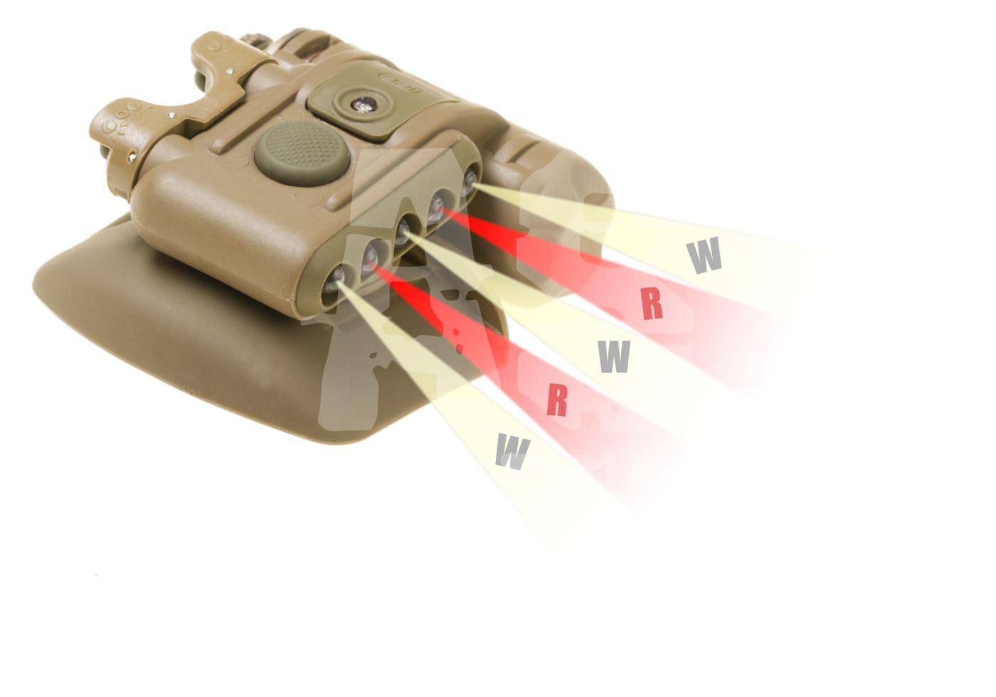 Taktisches Lichtmodul in Oliv mit roten und weißen LEDs für Airsoft-Ausrüstung.