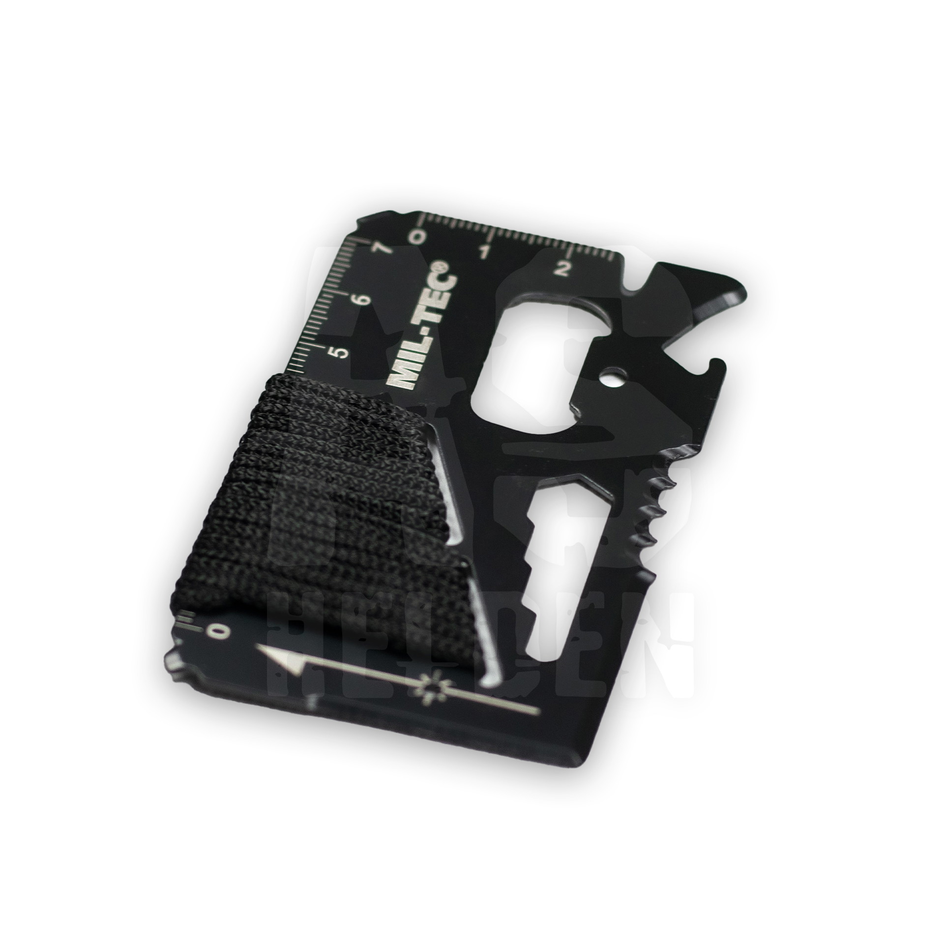 Schwarzes Multitool-Kartenmesser mit Lineal, Sägezahnung und Seilwicklung, ideal für Outdoor- und Survival-Einsätze.