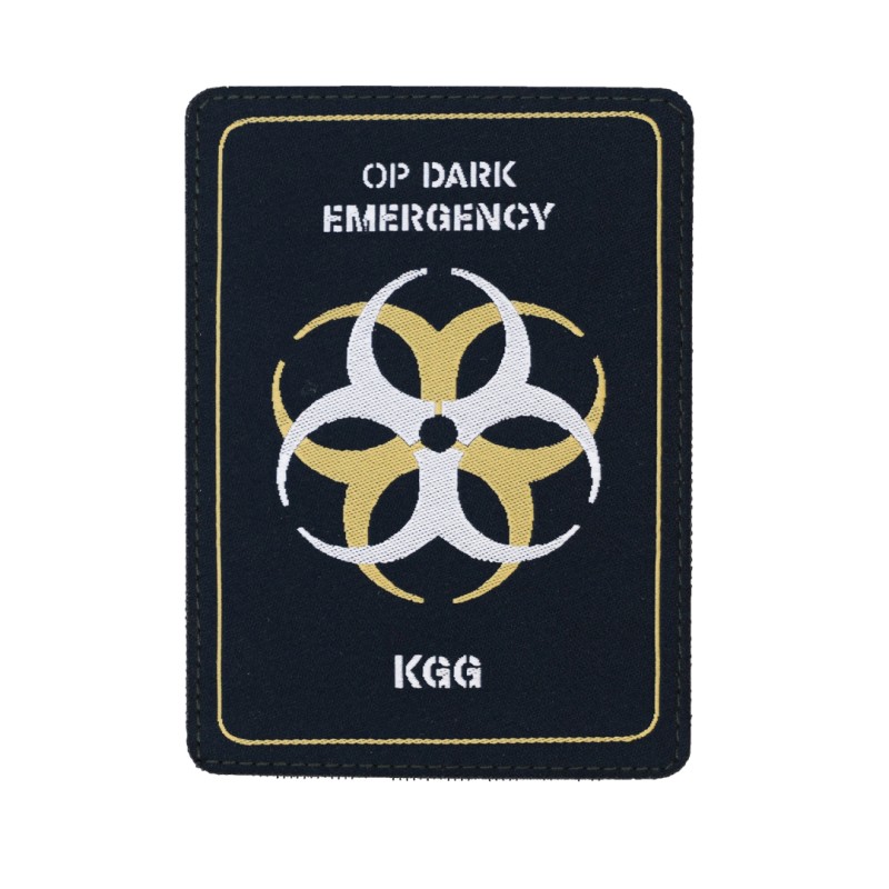 Schwarzer Airsoft-Patch mit Biohazard-Symbol, Text "OP DARK EMERGENCY" und "KGG".