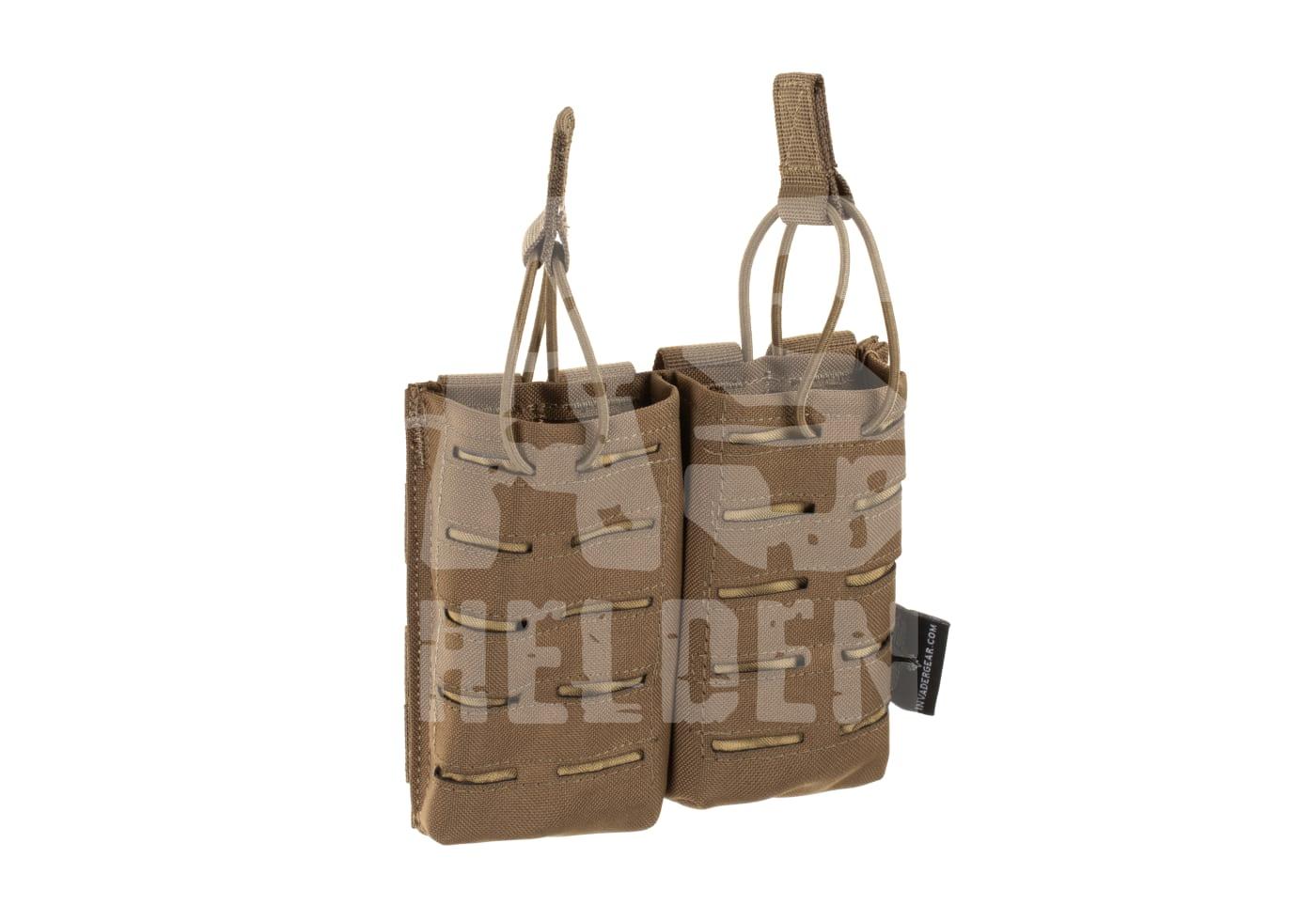 Doppel-Magazintasche in Coyote-Tan mit verstellbaren Gummibändern und Molle-Befestigungssystem.