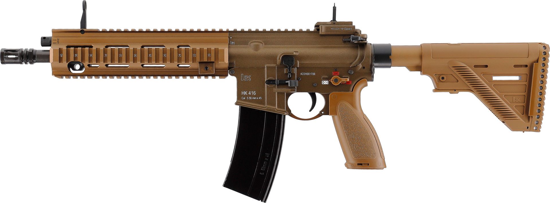 HK 416 Airsoft-Gewehr in Tan, kompakte Bauweise mit verstellbarem Schaft und taktischen Schienen.