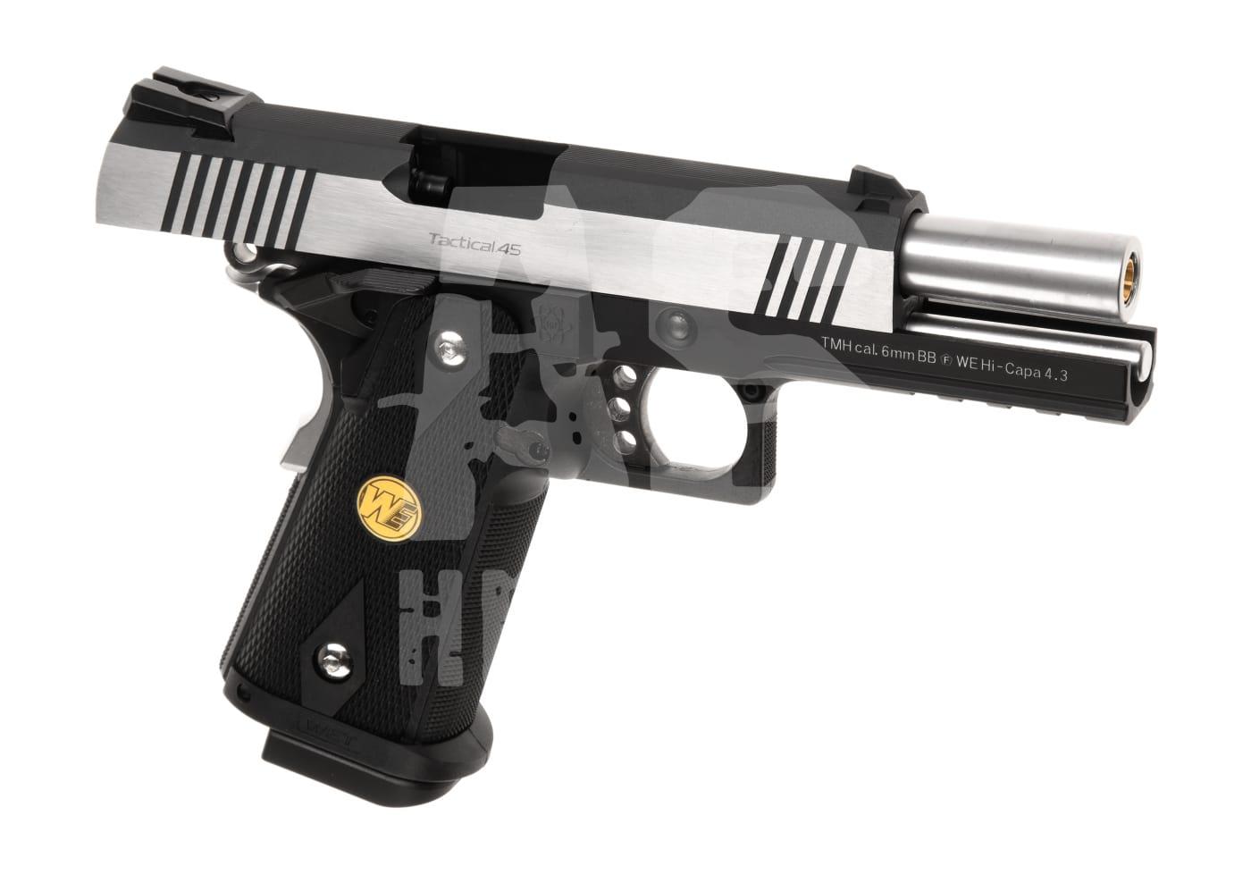 Schwarze Airsoft-Pistole mit silbernem Schlitten, Modell WE Hi-Capa 4.3, Kaliber 6mm BB.