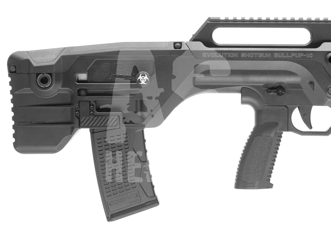 Airsoft Shotgun Bullpup-Design mit Griff und Magazin, schwarz, Seitenansicht.