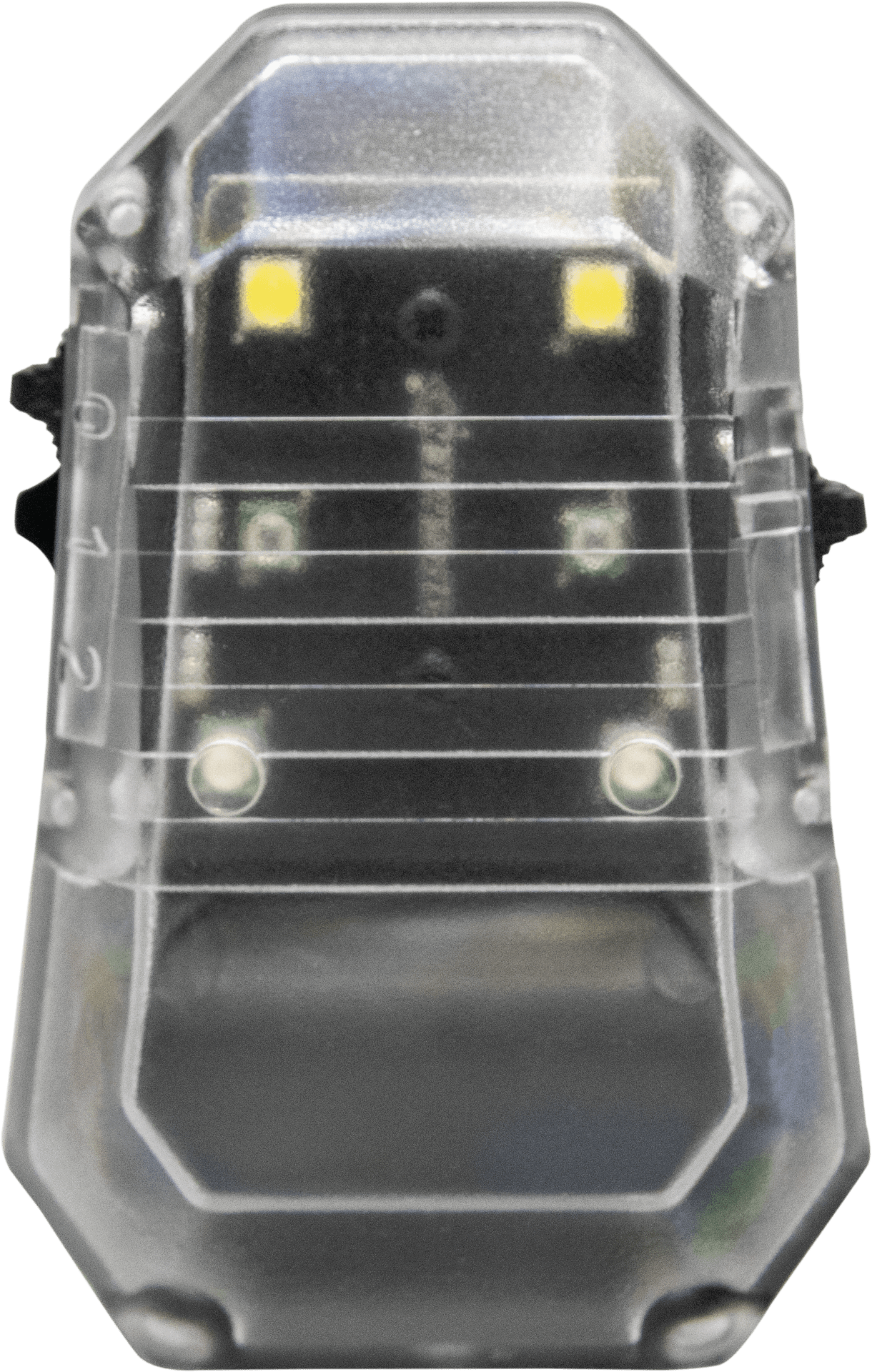 Transparentes Airsoft-Tracking-Modul mit LED-Anzeigen, rechteckig und kompakt.