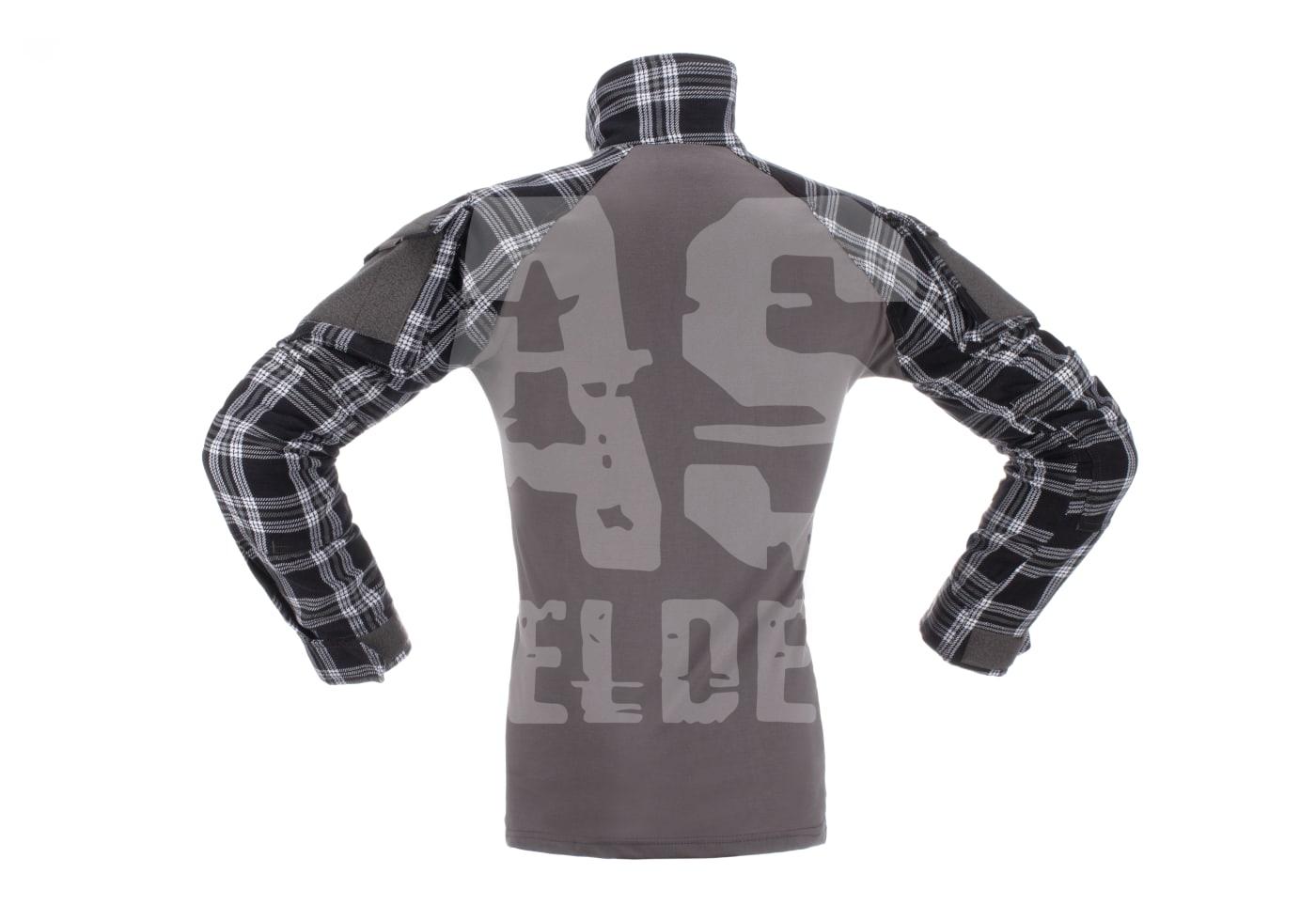 Graues Airsoft-Combat-Shirt mit schwarz-weiß karierten Ärmeln und Schriftzug auf dem Rücken.