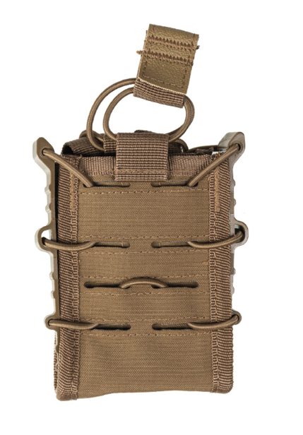 Taktische Magazintasche in Braun mit elastischen Kordeln, geeignet für Airsoft-Zubehör.