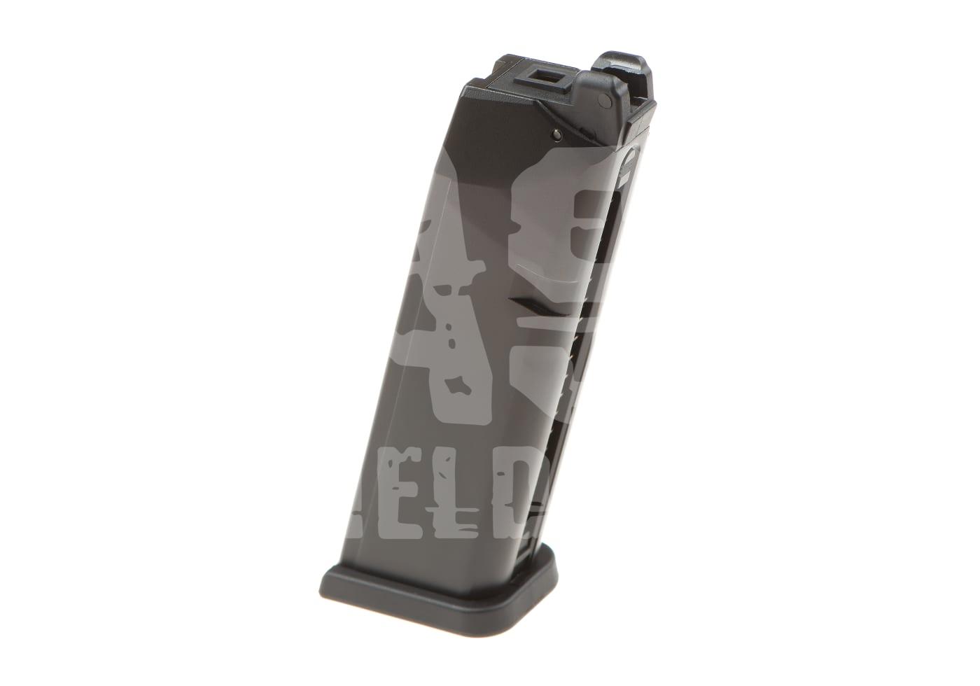 Schwarzes Airsoft-Pistolenmagazin, aufrecht stehend, seitliche Ansicht.