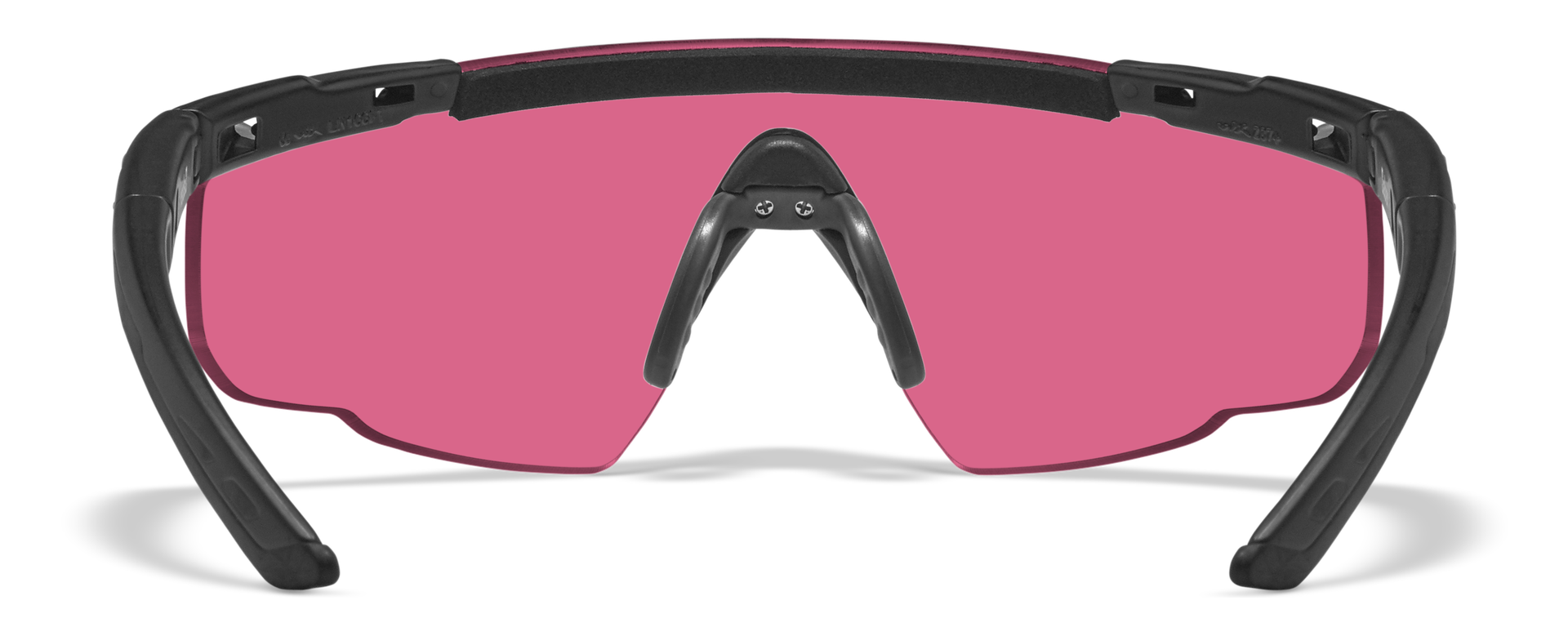 Sportbrille mit schwarzen Rahmen und pinkfarbenen Gläsern, Frontalansicht.