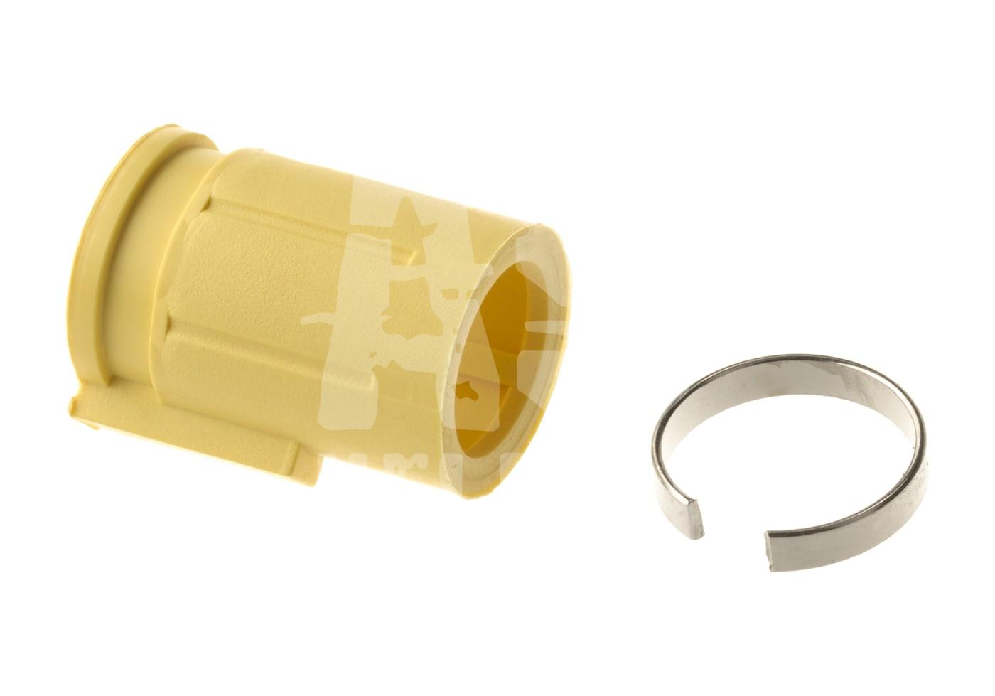 Gelbes Airsoft-HopUp-Bucking und Metallring auf weißem Hintergrund.