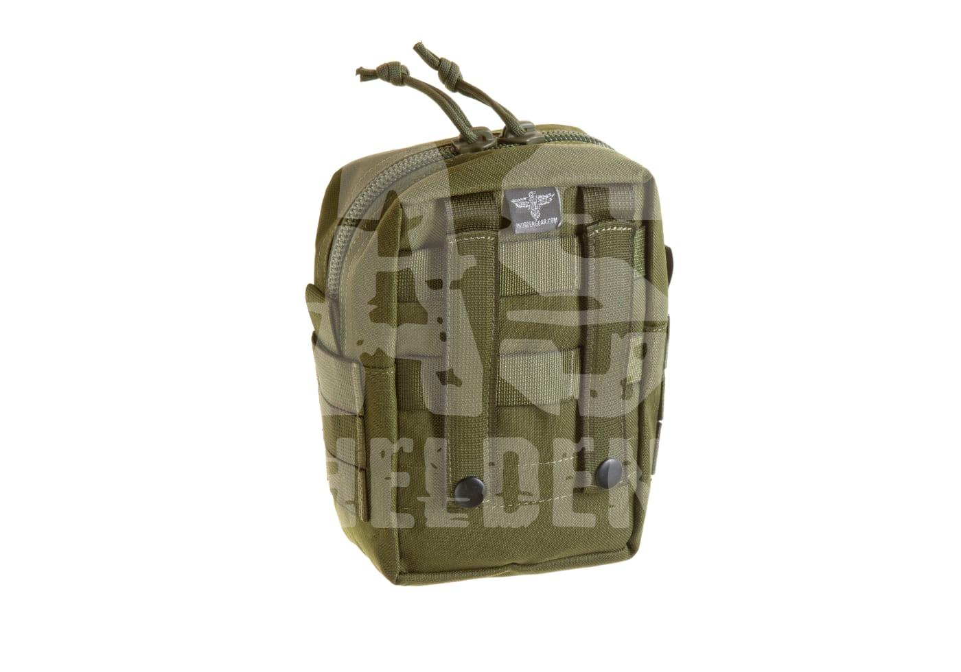 Kleine grüne taktische Airsoft-Tasche mit Reißverschlüssen, MOLLE-kompatibel. Ideal für Zubehör und Ausrüstung.