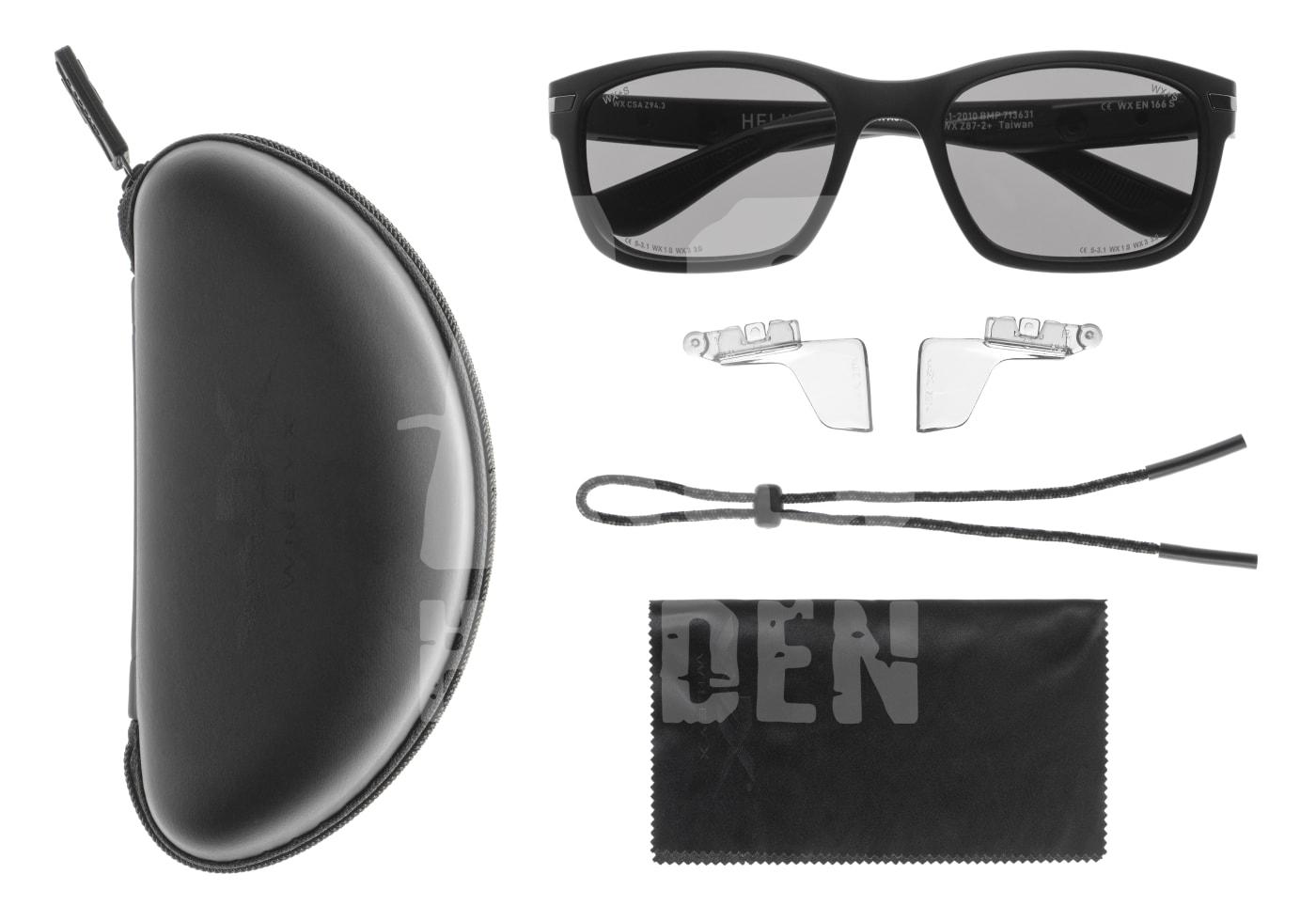 Schwarze Schutzbrille mit Etui, zwei Nasenpads, Band und Mikrofasertuch, ideal für Airsoft.
