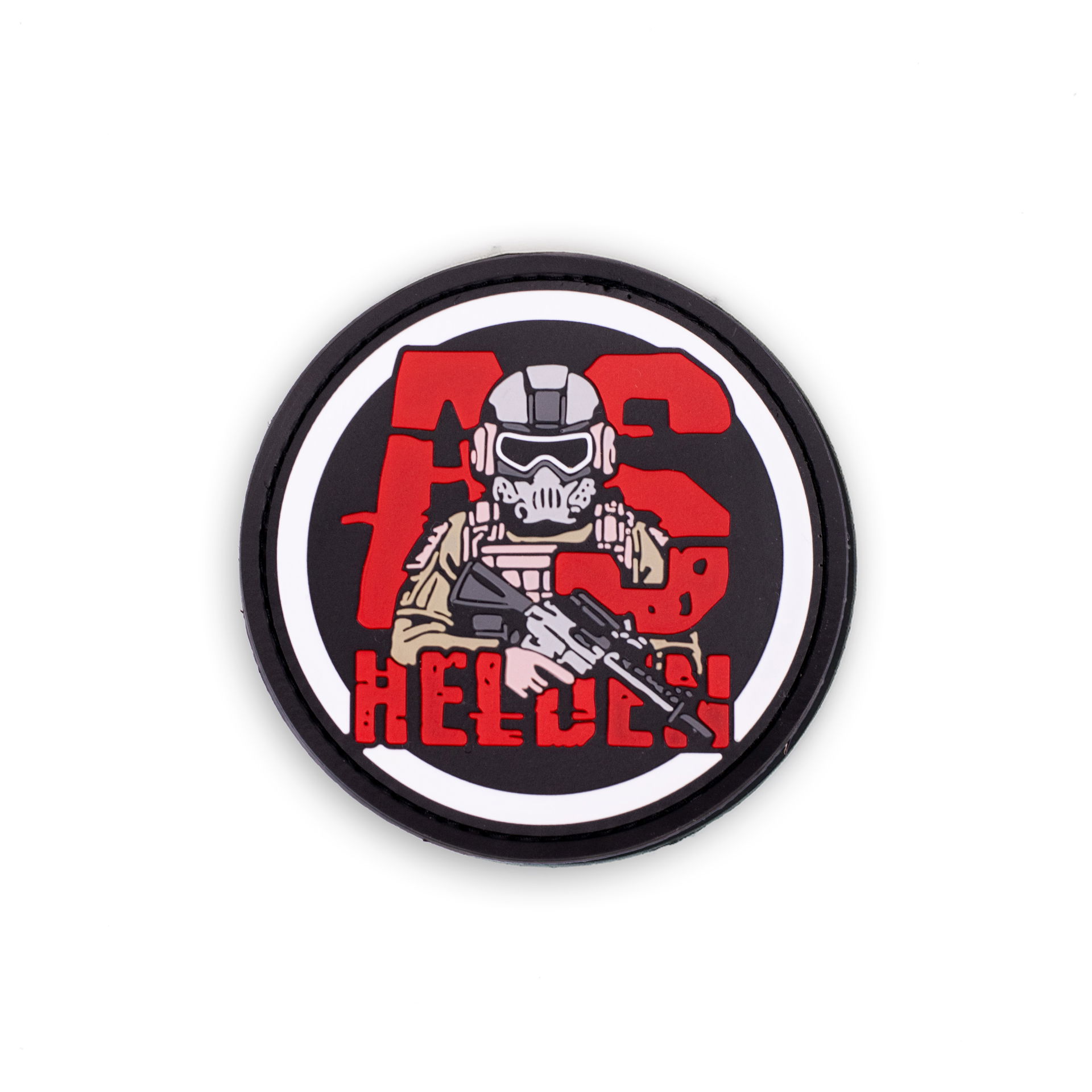 Rundes Airsoft-Patch mit Soldatenmotiv, rotem "AS Helden" Schriftzug auf schwarzem Hintergrund.