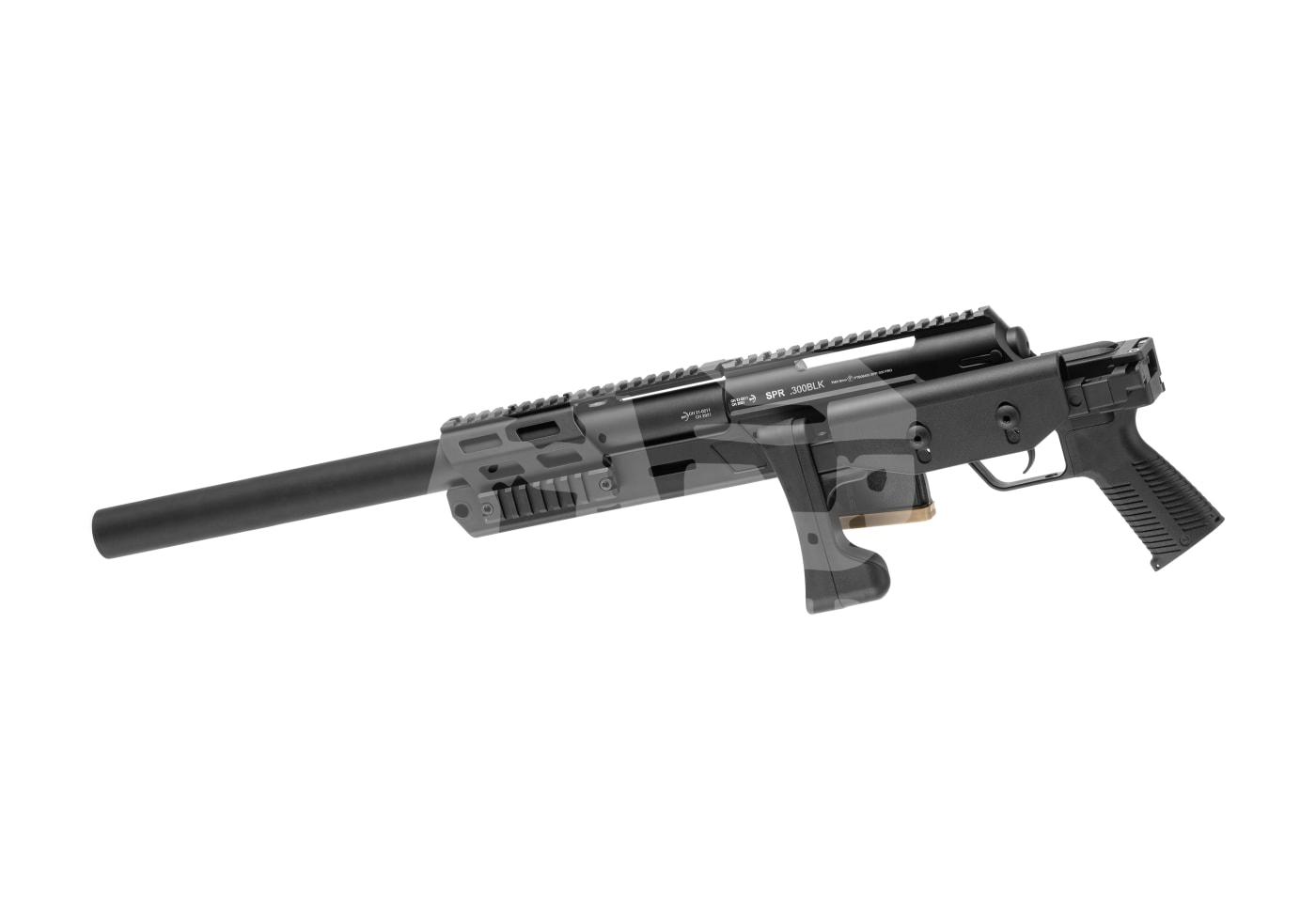 Archwick B&T SPR 300 Pro 2.8J - ab 18 Jahren Schwarze Airsoft-Schalldämpfer-Pistole, ergonomischer Griff und taktische Schiene, auf weißem Hintergrund.