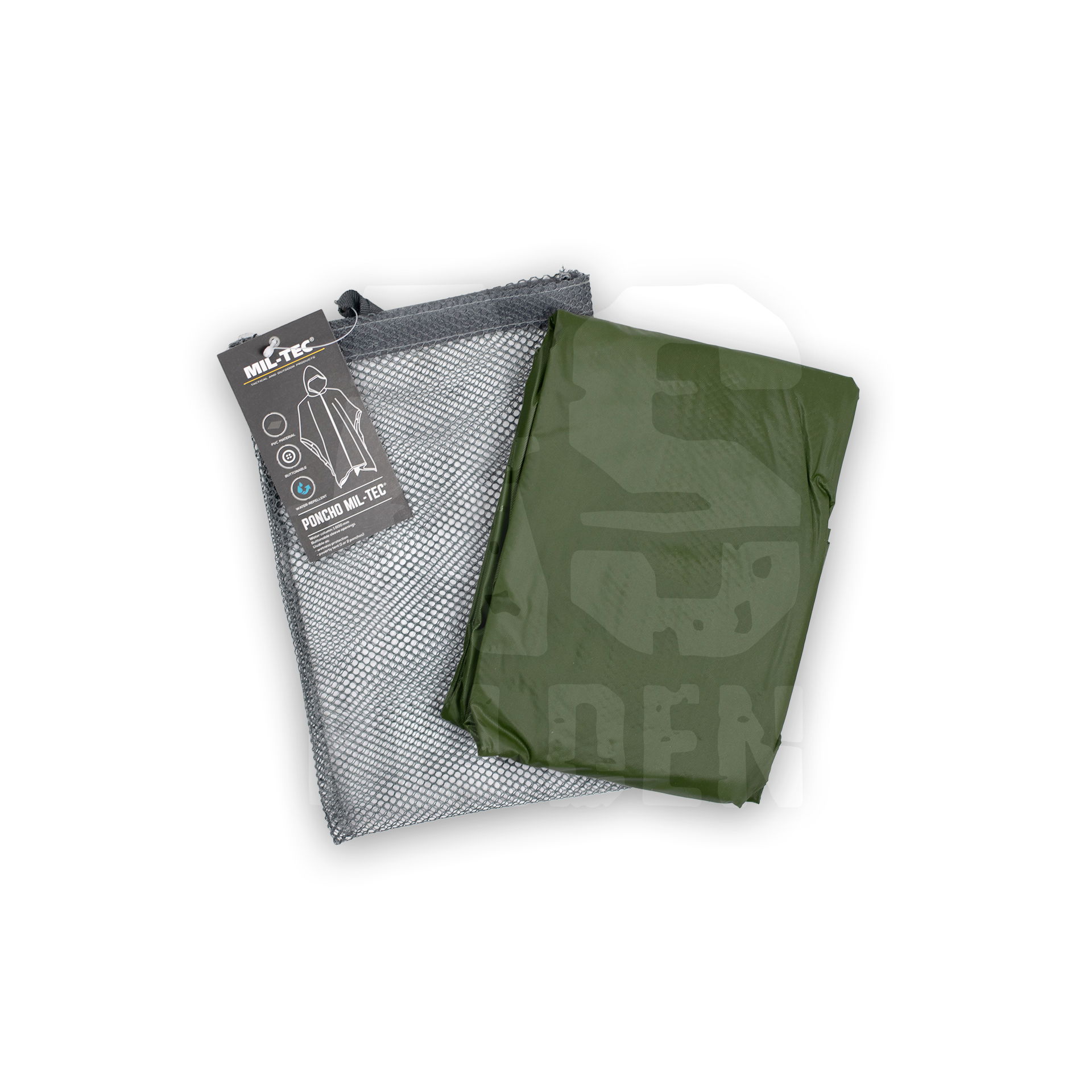 Grüner Mil-Tec Poncho in Netzverpackung, ideal für Airsoft und Outdoor-Aktivitäten.