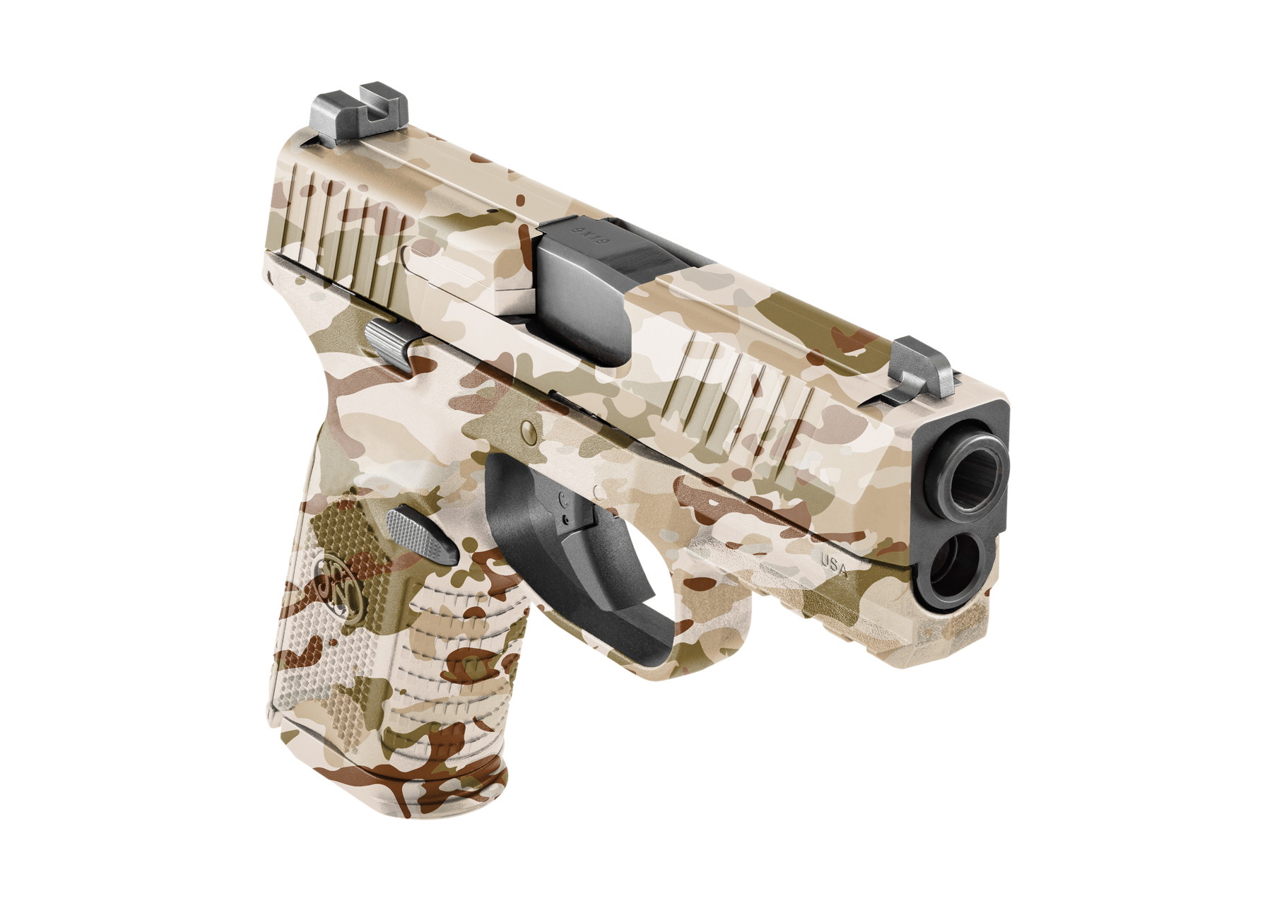 Tarnfarbene Airsoft-Pistole im Desert-Camo-Design, Vorderansicht schräg von rechts.