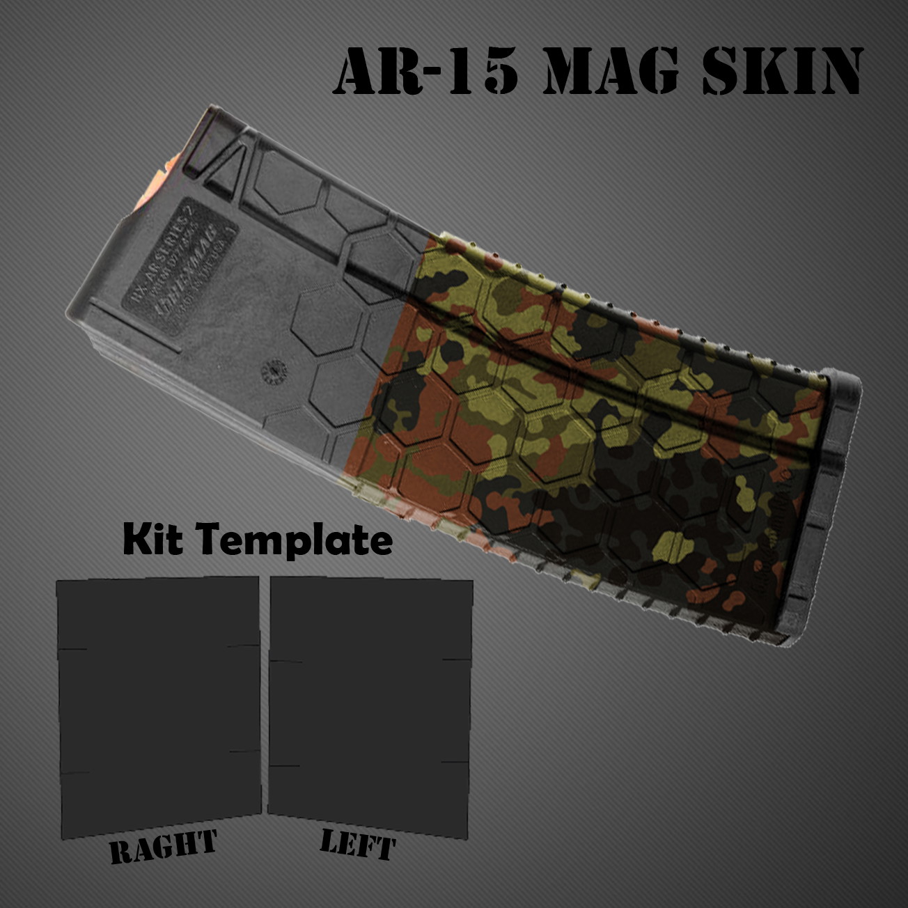 AR-15 Magazin mit Tarnmuster-Skin, Kit-Vorlage für individuelle Anpassung, schraffierter Hintergrund.