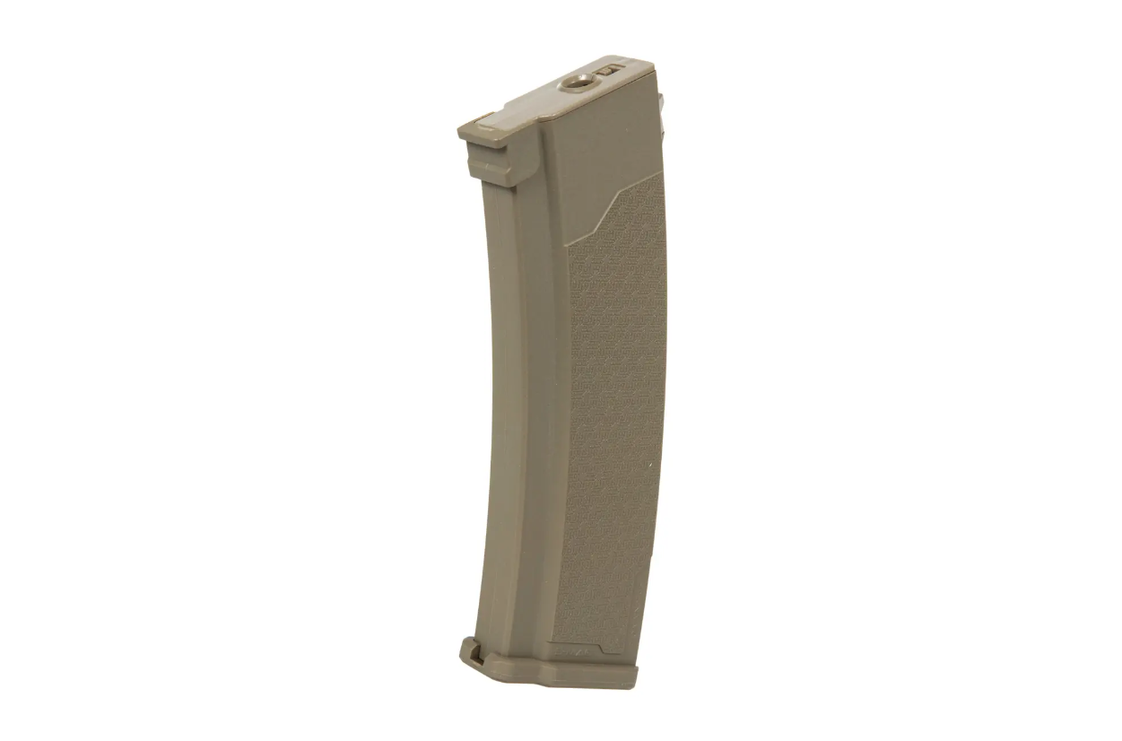 Specna Arms S-Mag Mid-Cap Magazin for J-Series 175 BBs tan Beiges, gebogenes Airsoft-Magazin auf weißem Hintergrund.