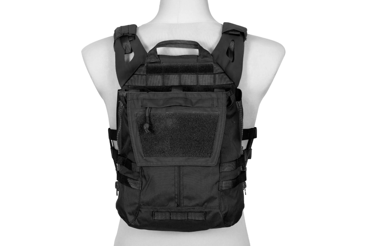 Schwarze taktische Weste mit MOLLE-System auf Rückseite, Schulterriemen und Klettverschluss.