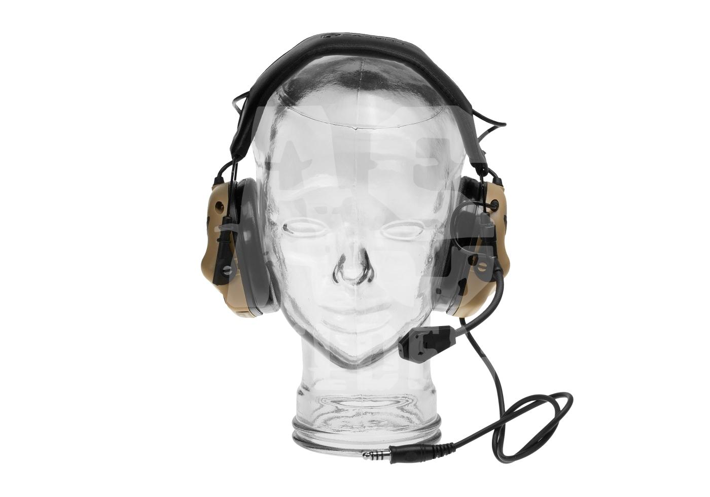 Taktisches Headset mit Mikrofon auf Glaskopf-Dummy, geeignet für Airsoft-Kommunikation.