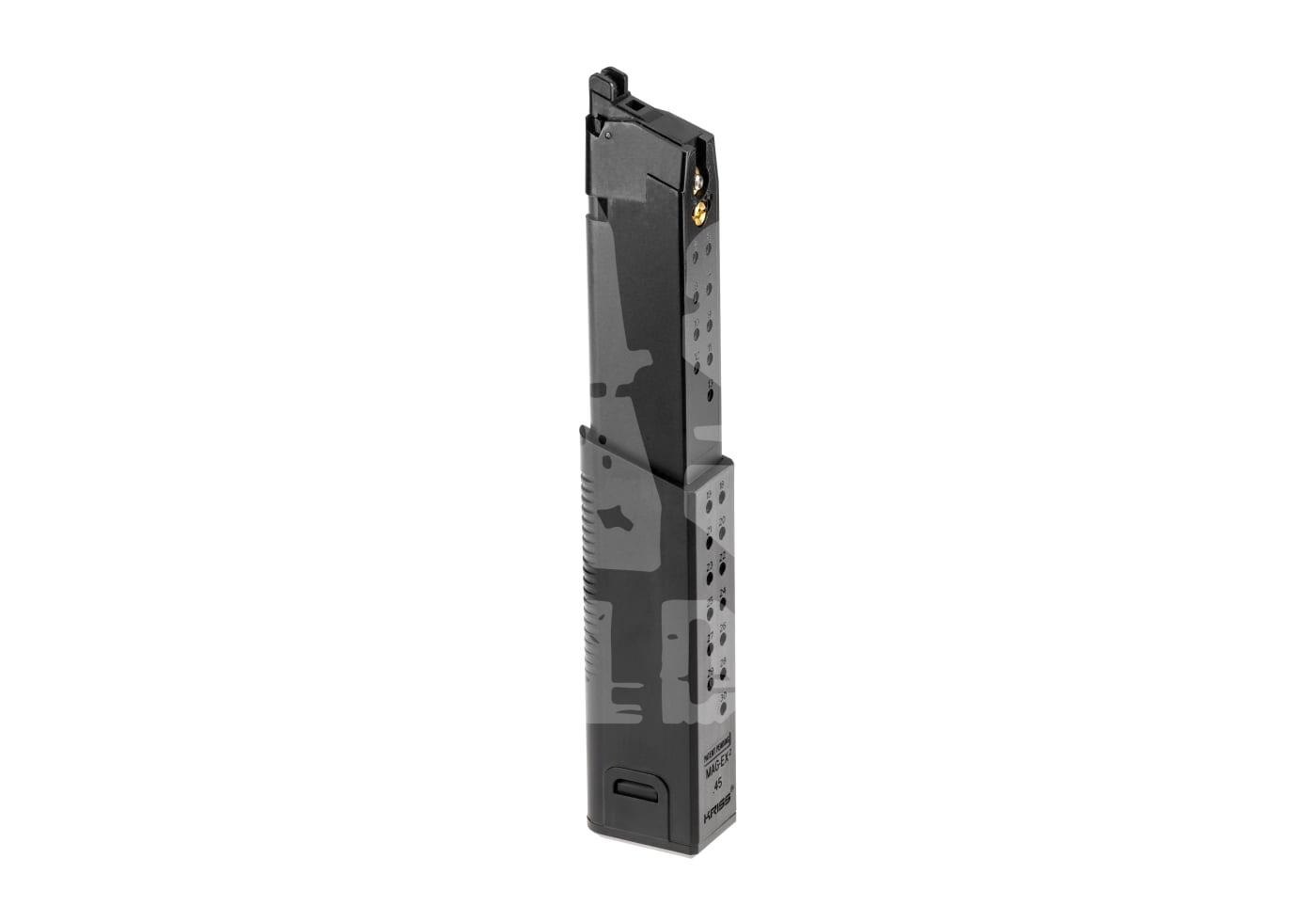 Schwarzes Airsoft-Magazin, stehende Position, mit Ziffern und Löchern, geeignet für Gasdrucksysteme.