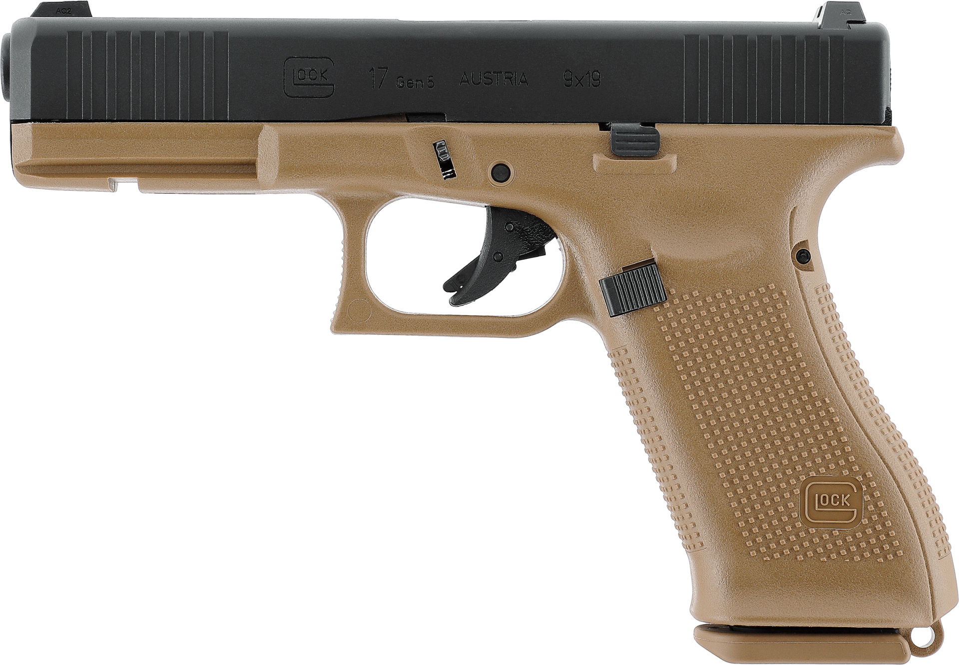 Airsoftpistole, schwarz-braun, mit strukturiertem Griff.